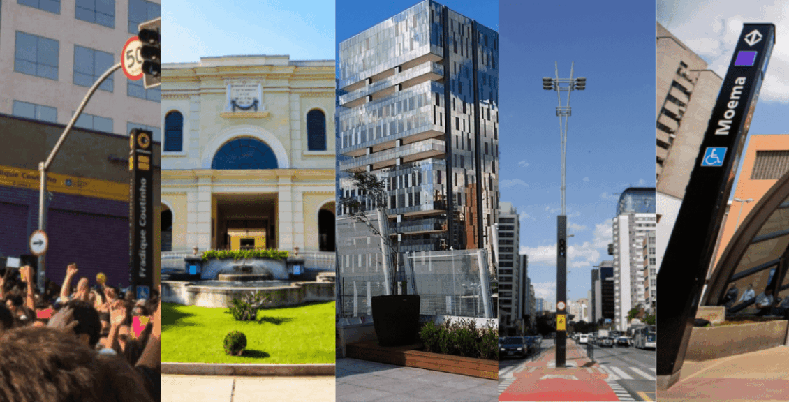 montagem com as fotos dos cinco melhores bairros para morar na cidade de São Paulo melhores bairros de sp