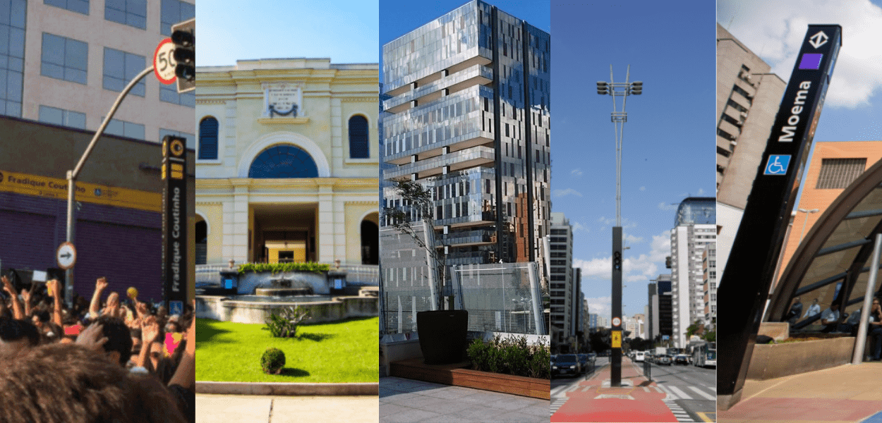 montagem com as fotos dos cinco melhores bairros para morar na cidade de São Paulo melhores bairros de sp