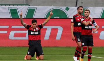 Palmeiras e Flamengo ficam no 1 a 1 em jogo que quase não teve Pedro comemora gol