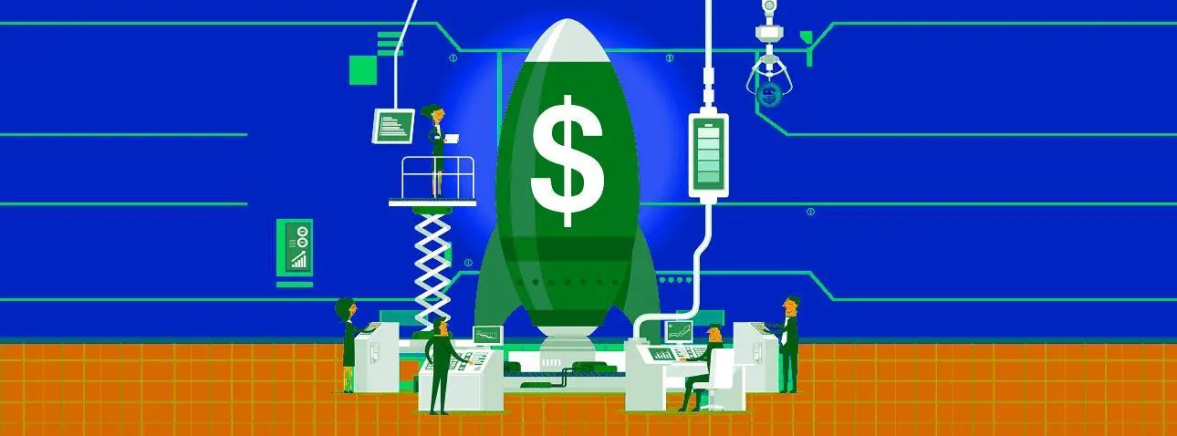 foguete verde com símbulo de dinheiro, cercado de cientistas em computadores