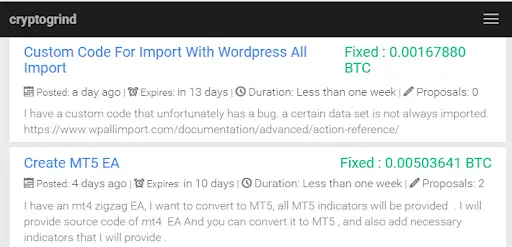 tela do site cryptogrind para ganhar bitcoins como freelancer