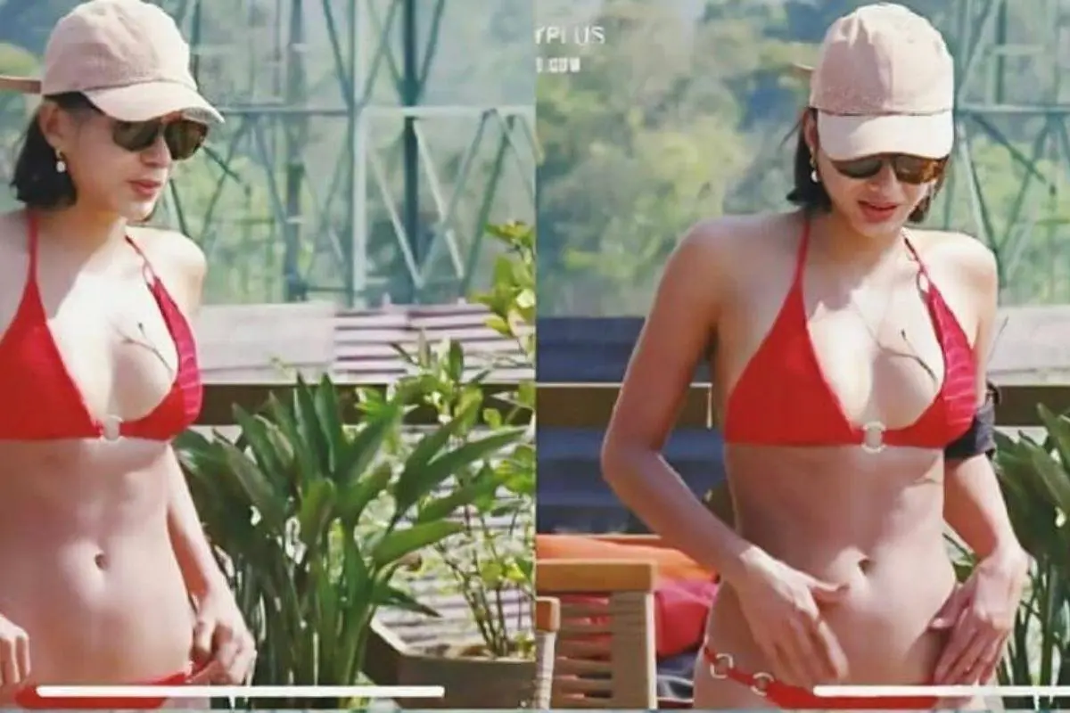 Imagem em duas de Jakelyne usando biquíni vermelho em "A Fazenda 2020"