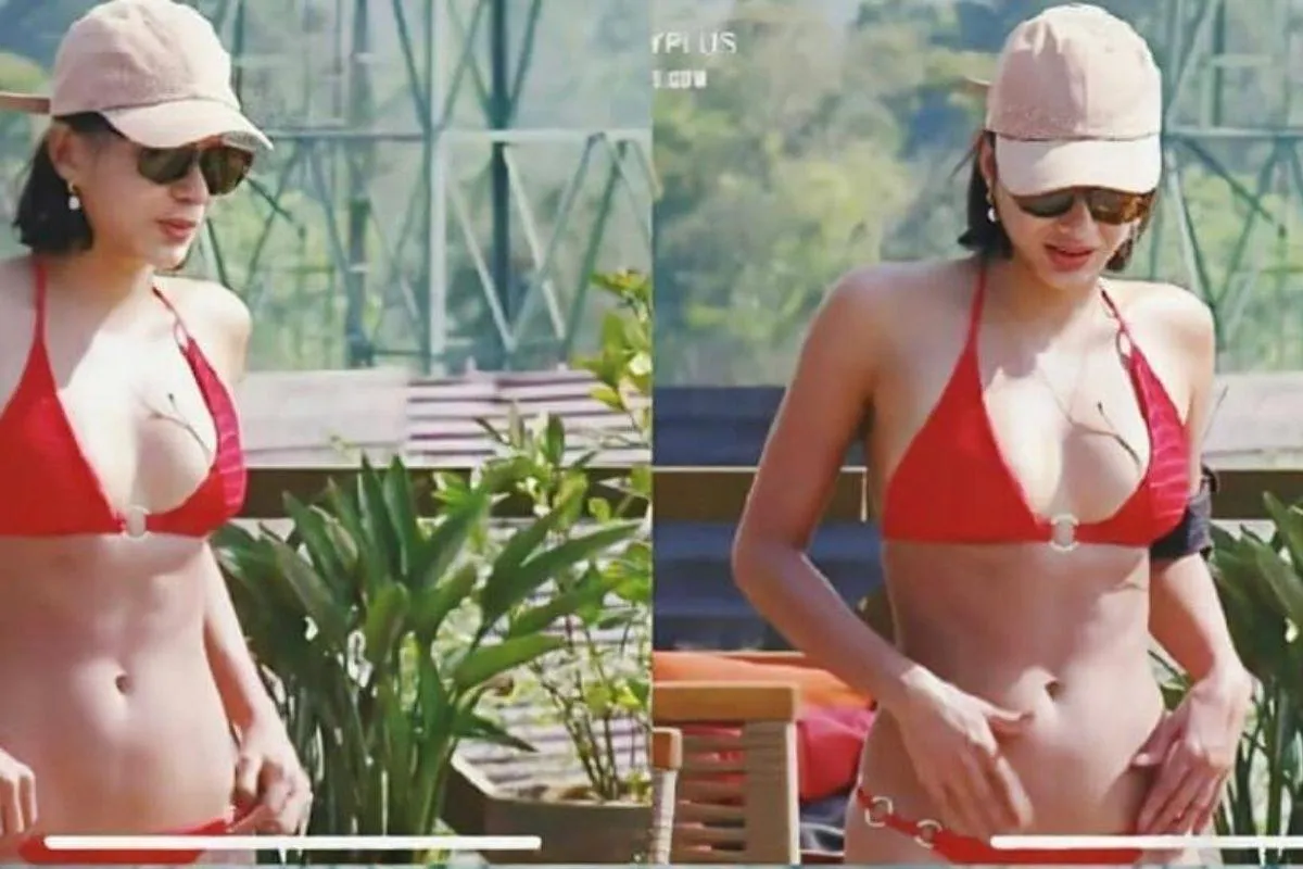 Imagem em duas de Jakelyne usando biquíni vermelho em "A Fazenda 2020"