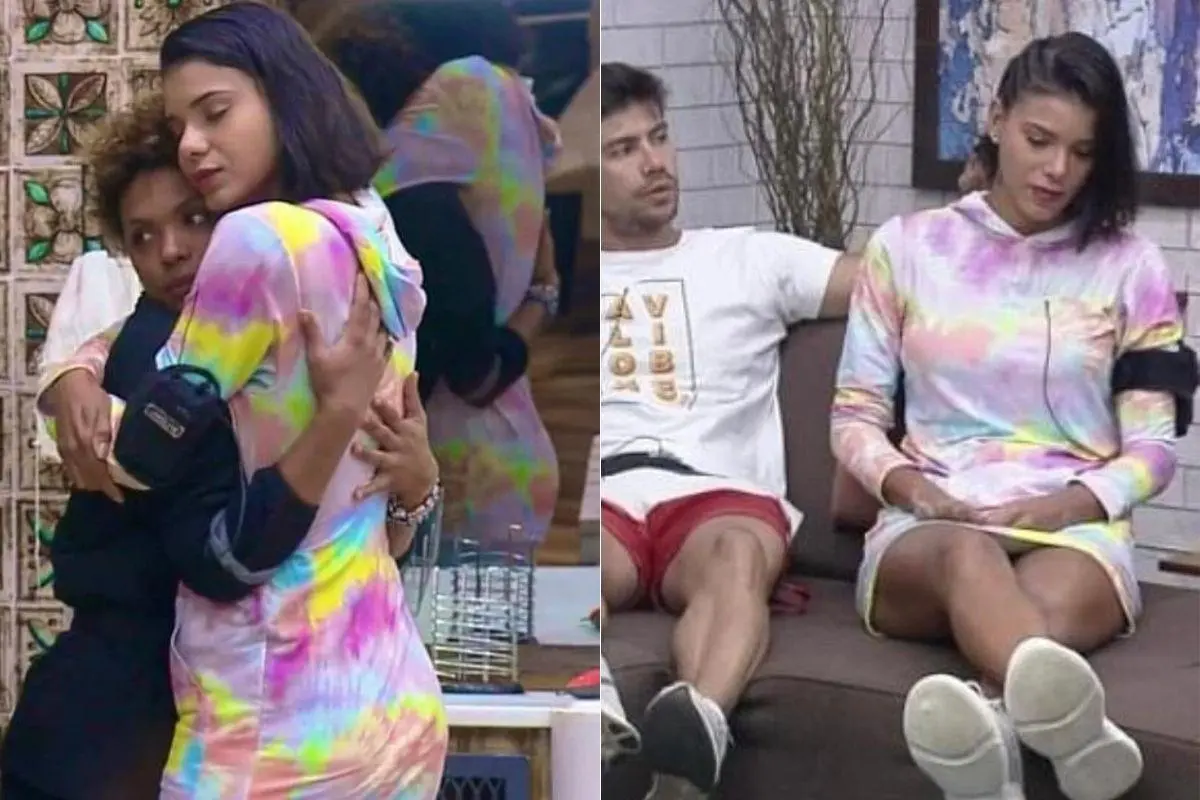 Duas imagens com Jakelyne, a primeira ela abraçando Lidi Lisboa, e a segunda ao lado de Marino no sofá