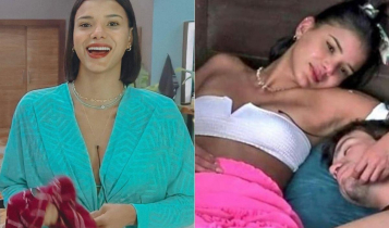 Jakelyne em duas fotos usando saída de ´praia azul, e abraçada com mariano