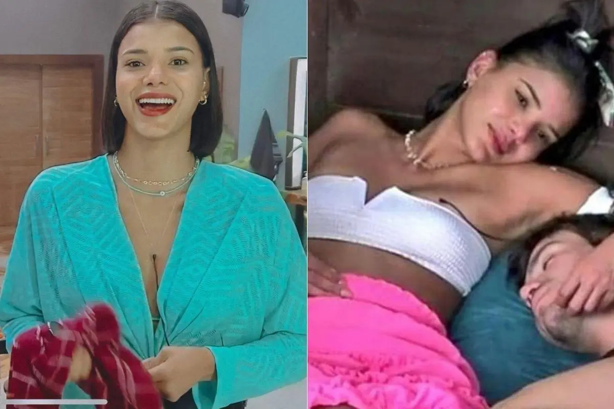 Jakelyne em duas fotos usando saída de ´praia azul, e abraçada com mariano