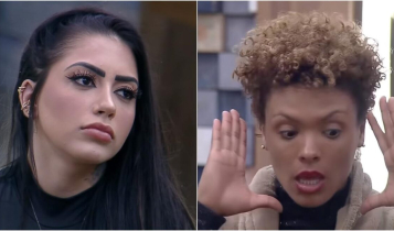 Imagem das participantes MC Mirella e Lidi Lisboa discutindo em A Fazenda 2020