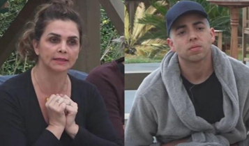 Foto dividida em duas comLuiza Ambiel e Lucas Maciel sentados em A Fazenda 2020