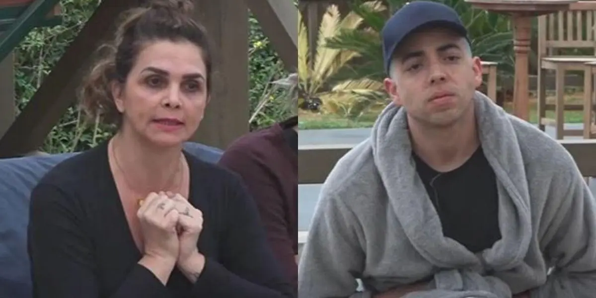 Foto dividida em duas comLuiza Ambiel e Lucas Maciel sentados em A Fazenda 2020