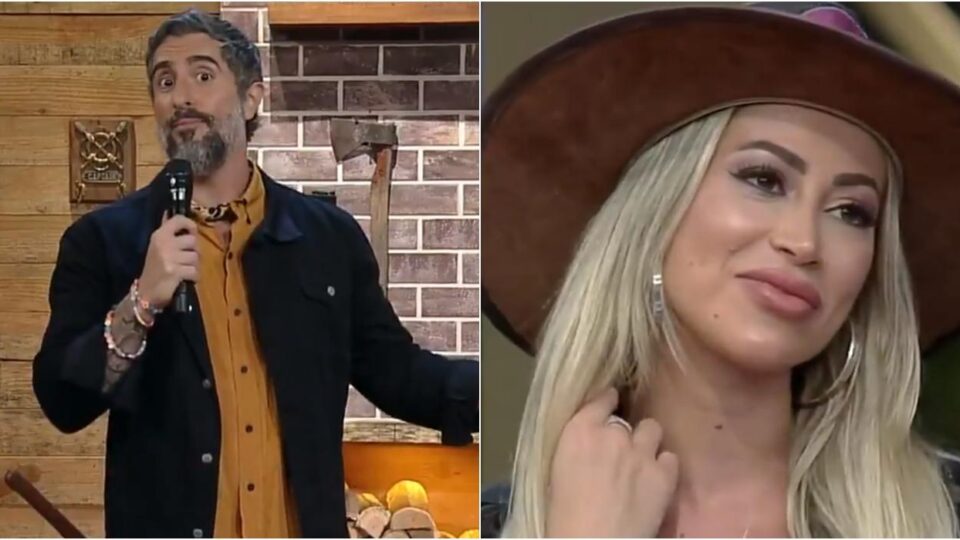 Imagem do apresentador Marcos Mion e da participante Carol Narizinho de A Fazenda 12