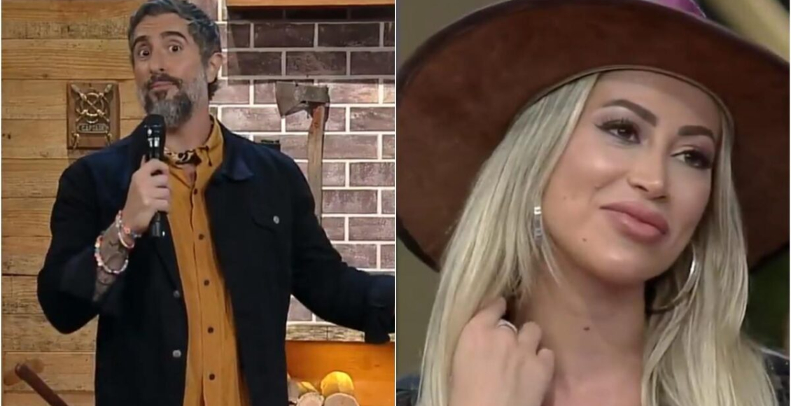 Imagem do apresentador Marcos Mion e da participante Carol Narizinho de A Fazenda 12