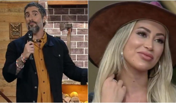 Imagem do apresentador Marcos Mion e da participante Carol Narizinho de A Fazenda 12