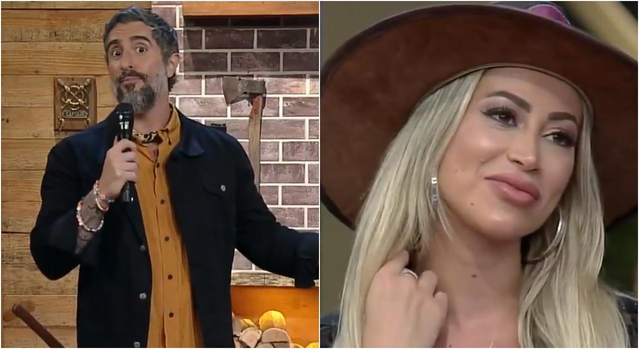 Imagem do apresentador Marcos Mion e da participante Carol Narizinho de A Fazenda 12