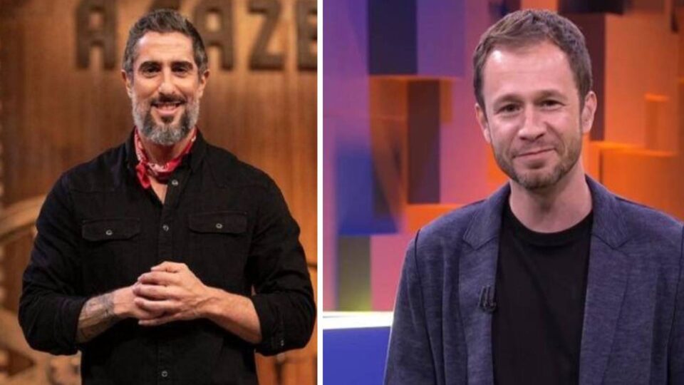Na imagem, Marcos Mion apresentador de A Fazenda 12 e Tiago Leifert, apresentador do BBB e The Voice