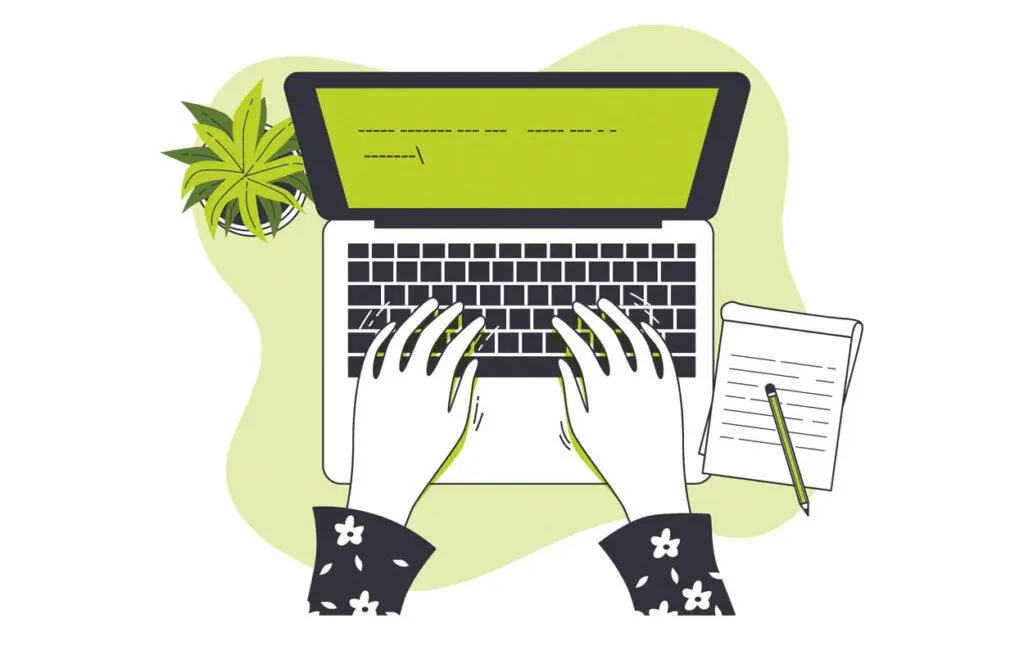 Ilustração de mãos digitando em um notebook