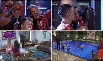 Imgem dividida em quatro partes mostrando tudo que rolou na terceira festa do reality A Fazenda 2020 Com Show de Felipe Araujo, punições e beijos