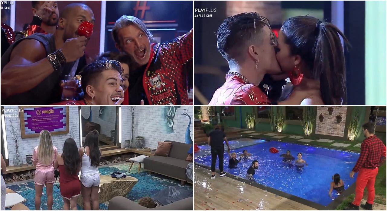 Imgem dividida em quatro partes mostrando tudo que rolou na terceira festa do reality A Fazenda 2020 Com Show de Felipe Araujo, punições e beijos