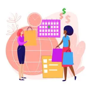 Ilustração com duas mulheres com sacolas de compras