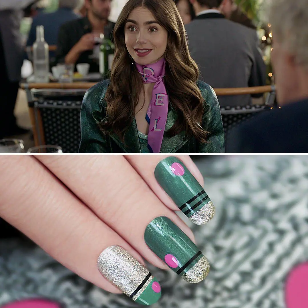 Imagem mostra nail art parecida com roupa de "Emily em Paris"