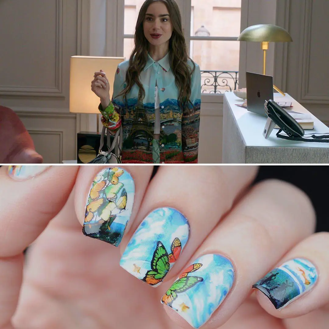 Imagem mostra nail art parecida com roupa de "Emily em Paris"