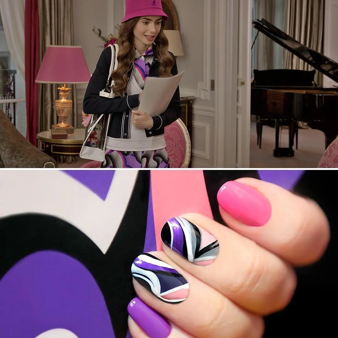 Imagem mostra nail art parecida com roupa de "Emily em Paris"