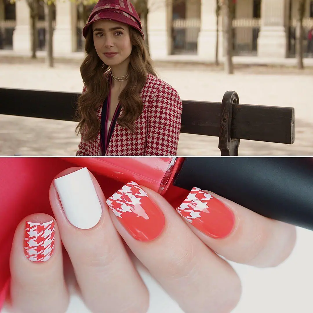 Imagem mostra nail art parecida com roupa de "Emily em Paris"