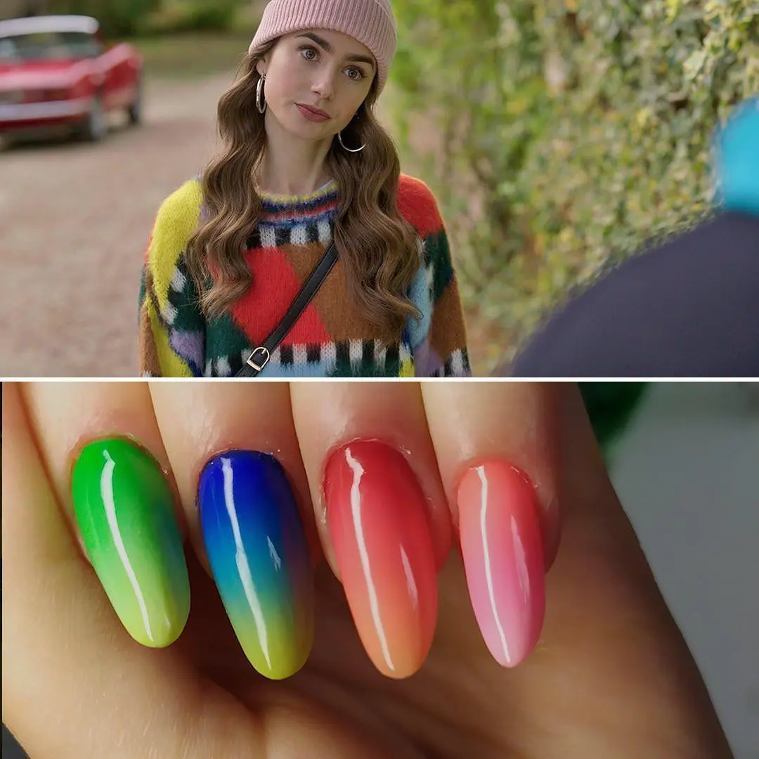 Imagem mostra nail art parecida com roupa de "Emily em Paris"