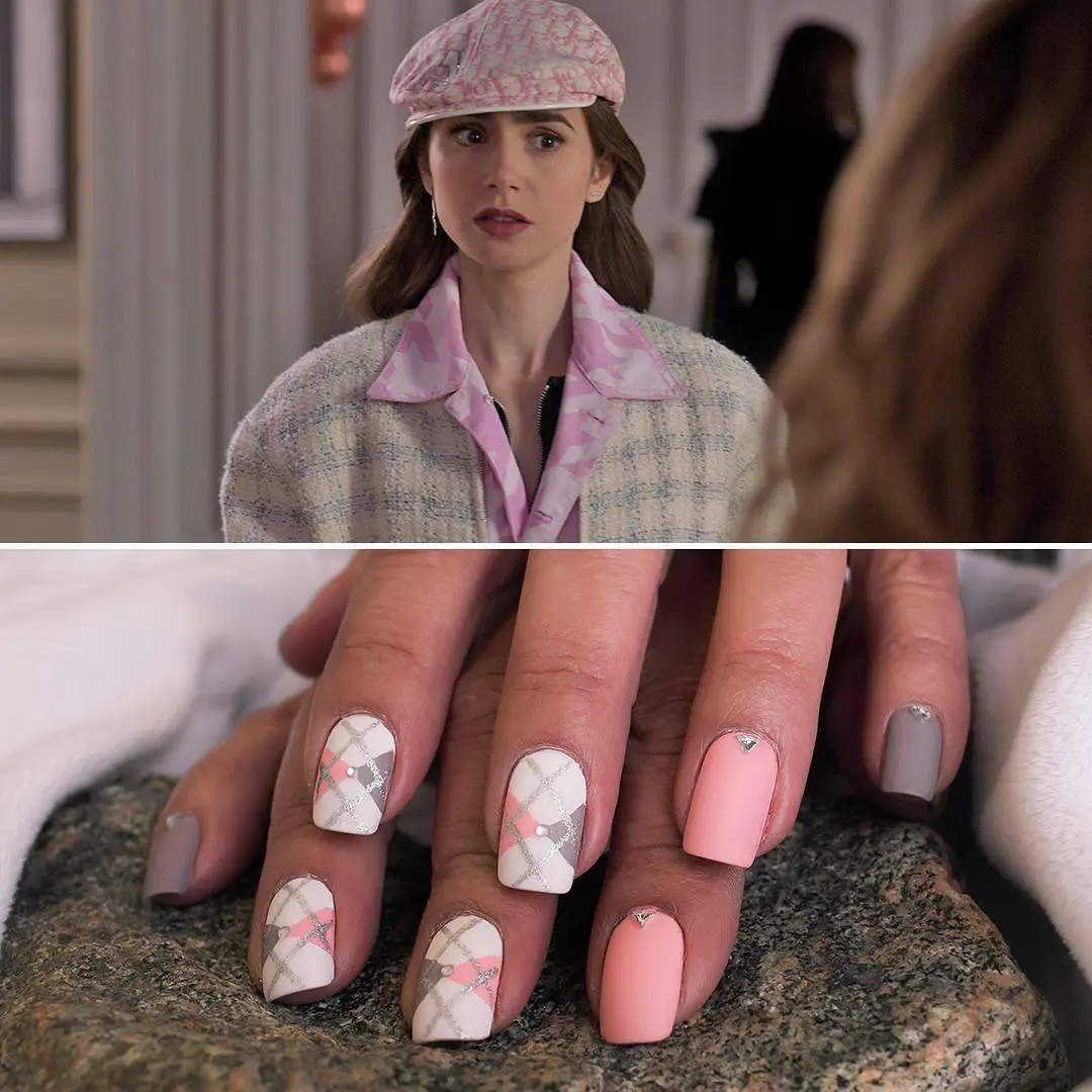 Imagem mostra nail art parecida com roupa de "Emily em Paris"