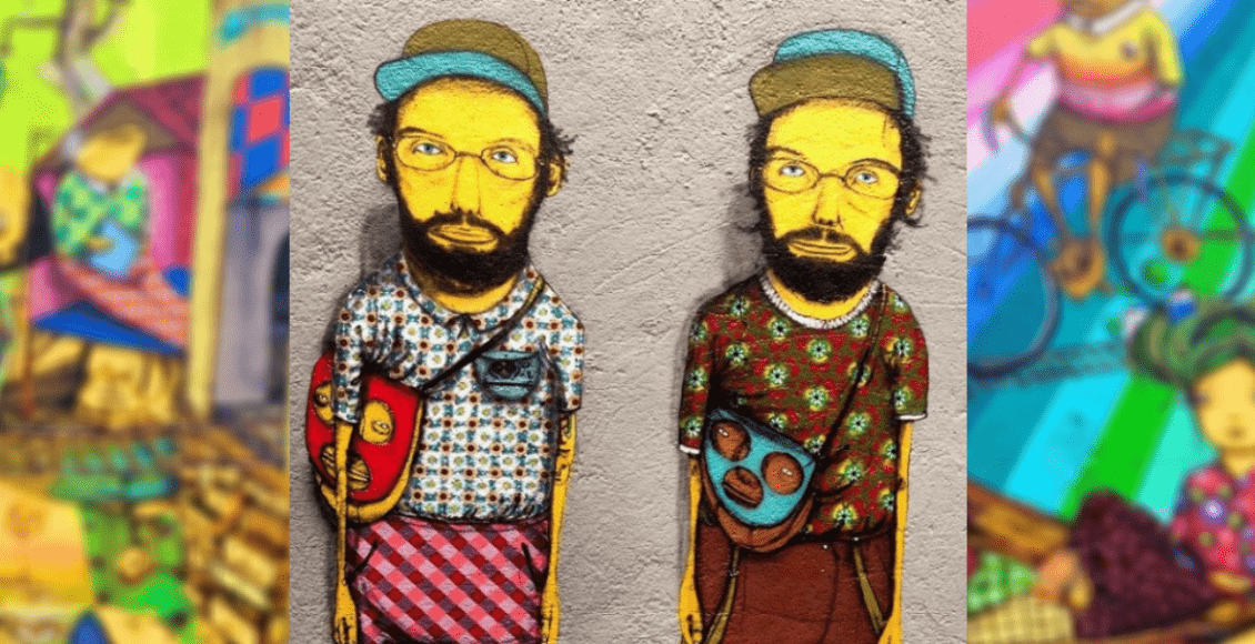 Mural com autorretrato da dupla de grafiteiros Os Gêmeos