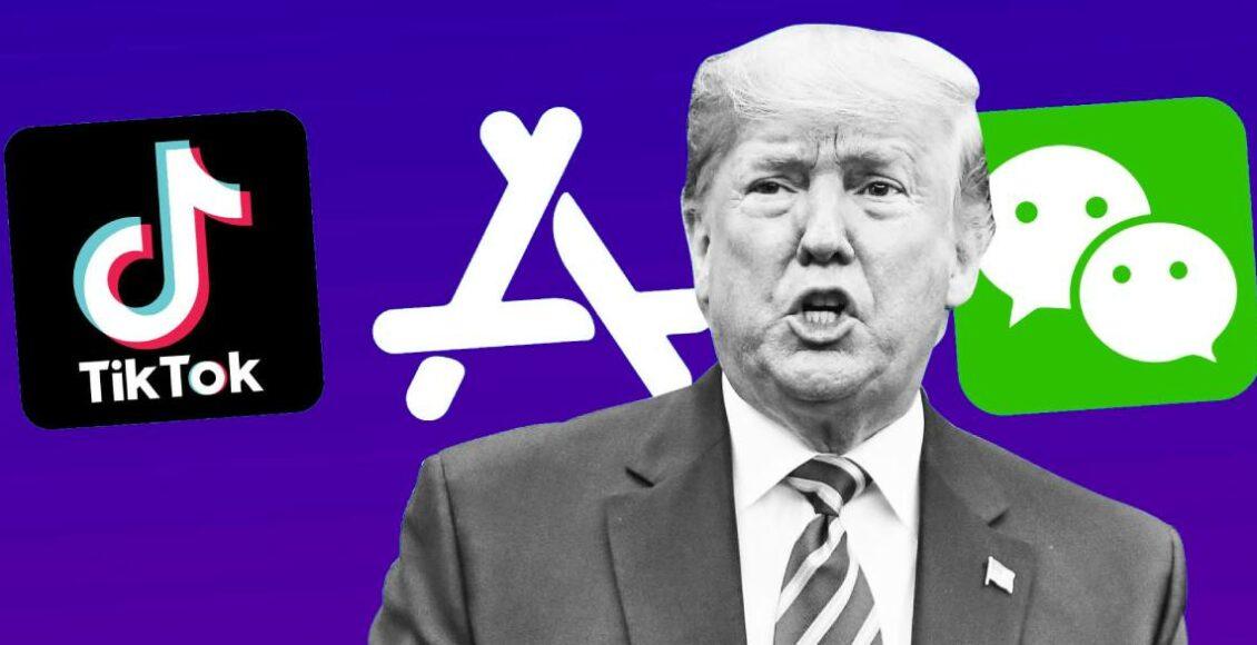 Trump em frente ao logotipo do app que quer banir, o TikTok