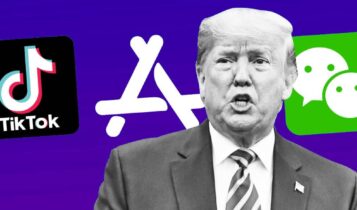 Entenda como banir o TikTok nos EUA pode ser uma benção para o blockchain Trump em frente ao logotipo do app que quer banir, o TikTok