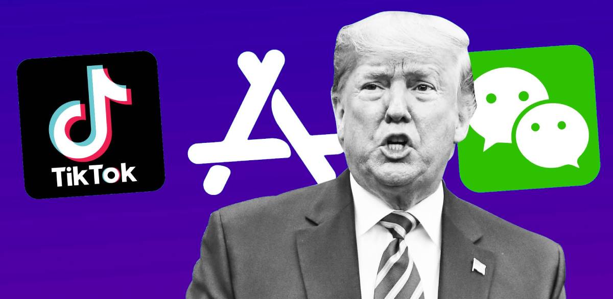 Trump em frente ao logotipo do app que quer banir, o TikTok