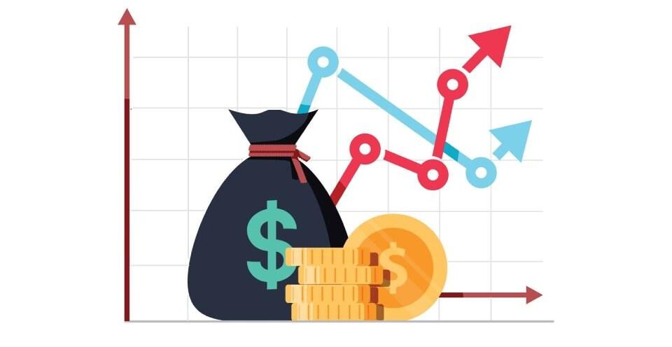 sacola com símbulo do dólar, moedas, e gráfico de performance dos fundos multimercados