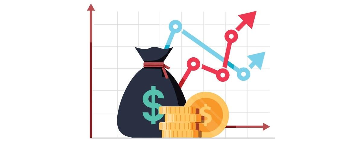 sacola com símbulo do dólar, moedas, e gráfico de performance dos fundos multimercados