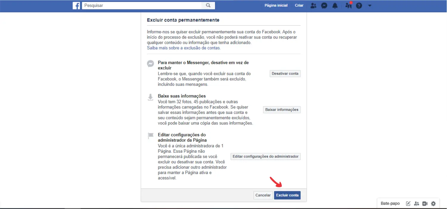 Passo a passo para deletar Facebook