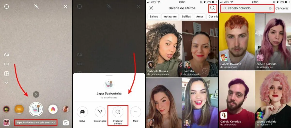 Demonstrar as etapas necessárias para acessar os filtros em questão pelo Instagram