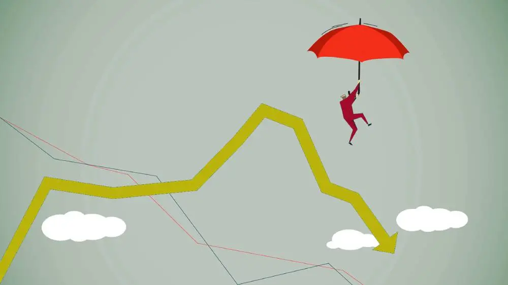 investidor caindo de paraquedas procurando ações baratas em céu com gráfico de cotação
