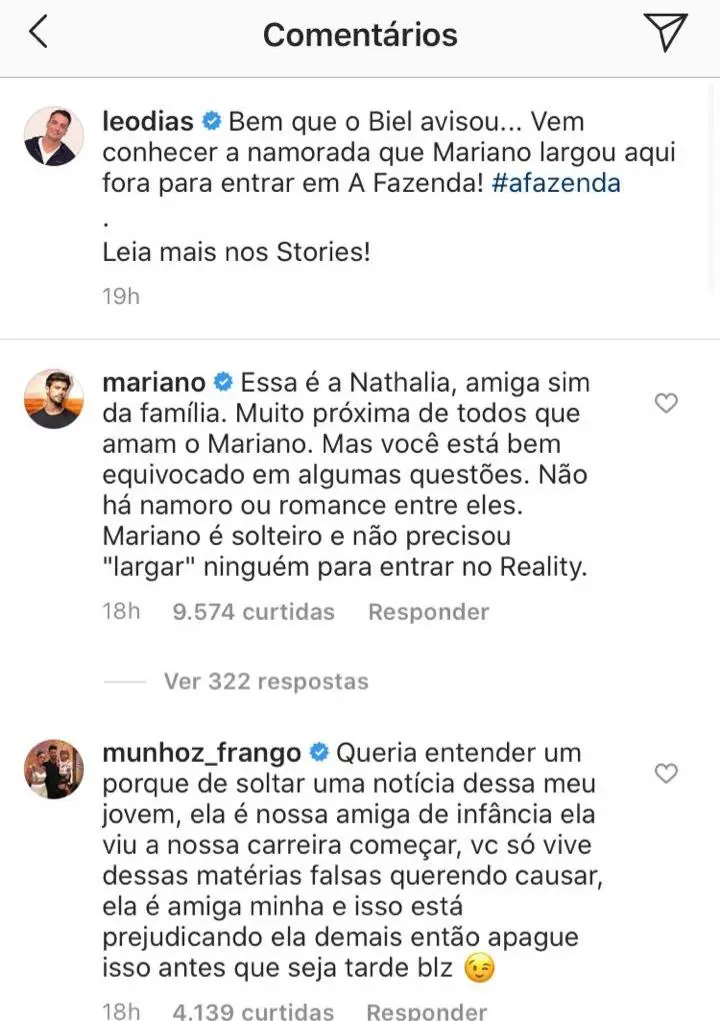 Imagem em que dupla e assessoria do peão de A Fazenda 12 negam envolvimento amoroso fora da casa