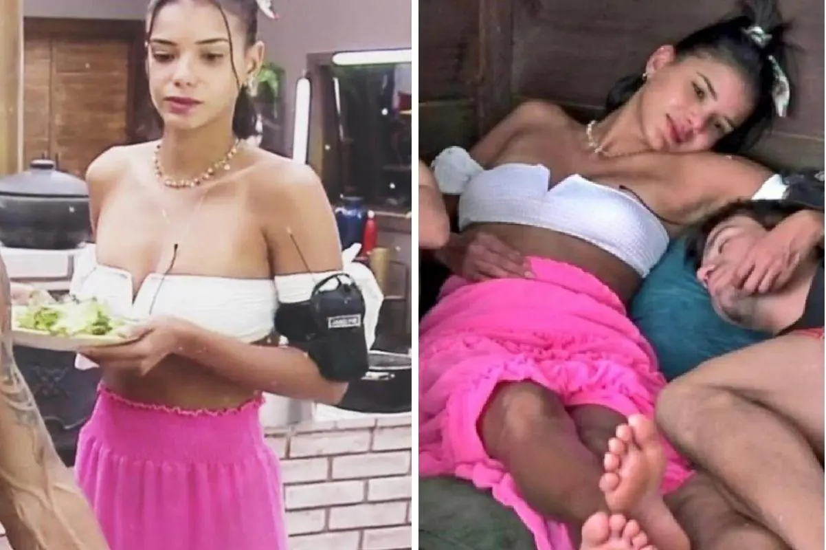 Jakelyne com modelo da marca Pajaris em A Fazenda 2020