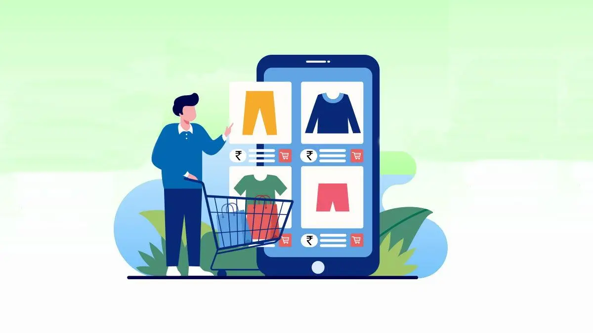 celular com aplicativo de compras gigante, ao lado de pessoa com carrinho de compras