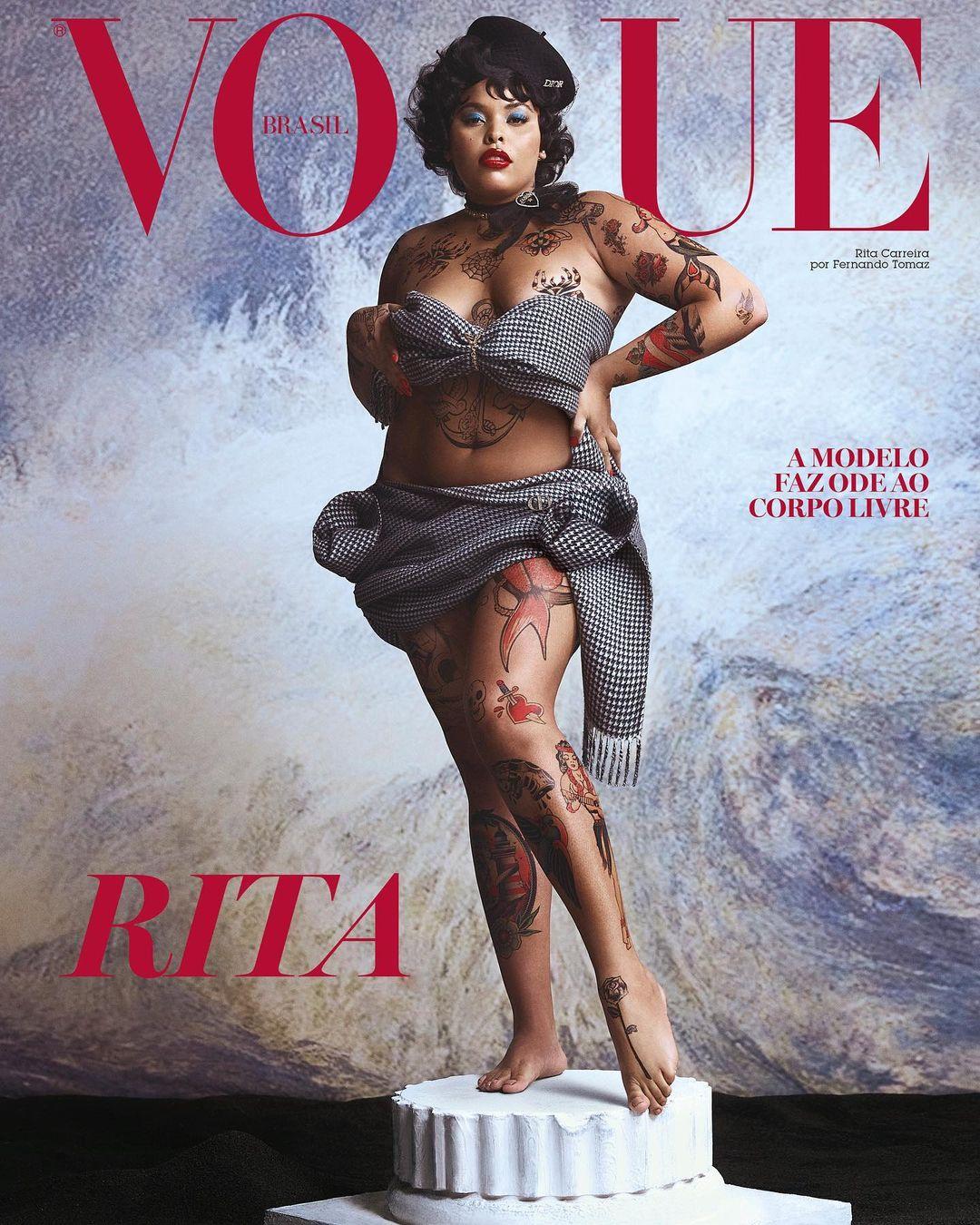 Imagem mostra capa da revista vogue com a modelo rita carreira