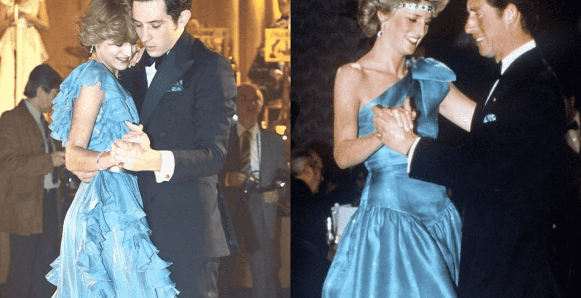 Imagem mostra princesa DIana e príncipe Charles dançando em The Crown e na vida real