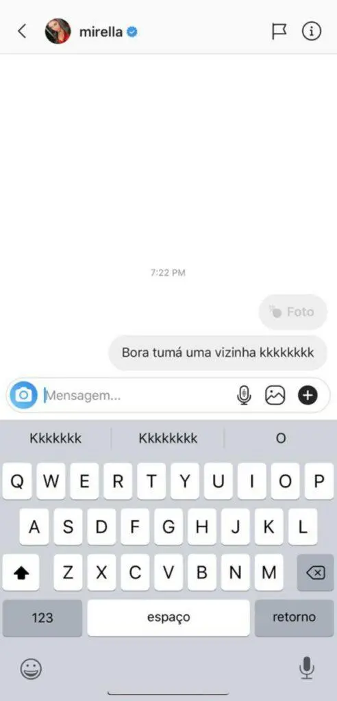 Print da mensagem de Mariano enviada a Mirella antes de a fazenda 2020