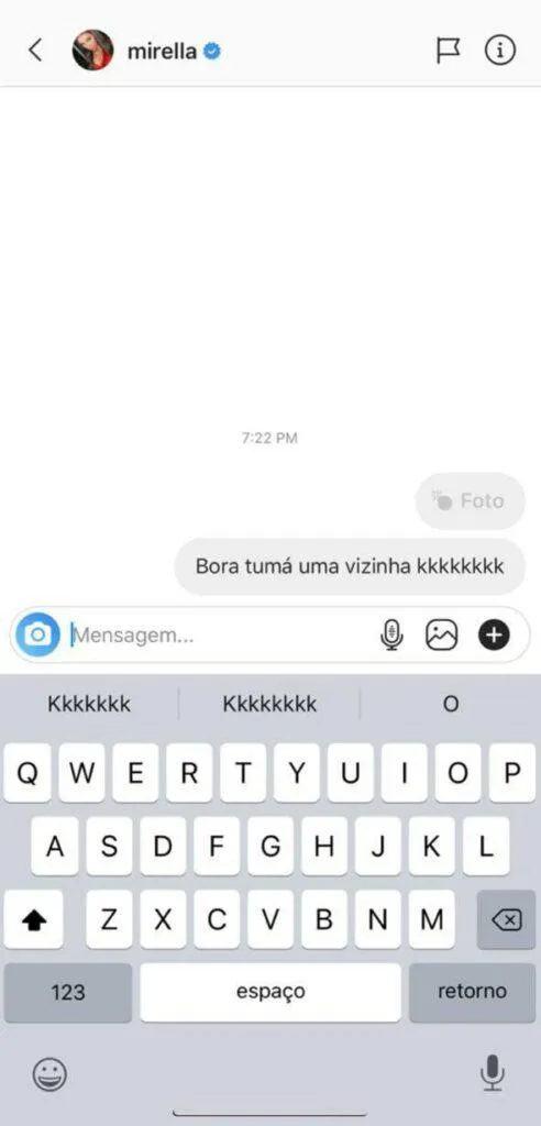 Print da mensagem de Mariano enviada a Mirella antes de a fazenda 2020
