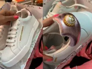 Na imagem Ex-BBB Gizelly Bicalho mostra tênis que ganhou de Marcela McGowan