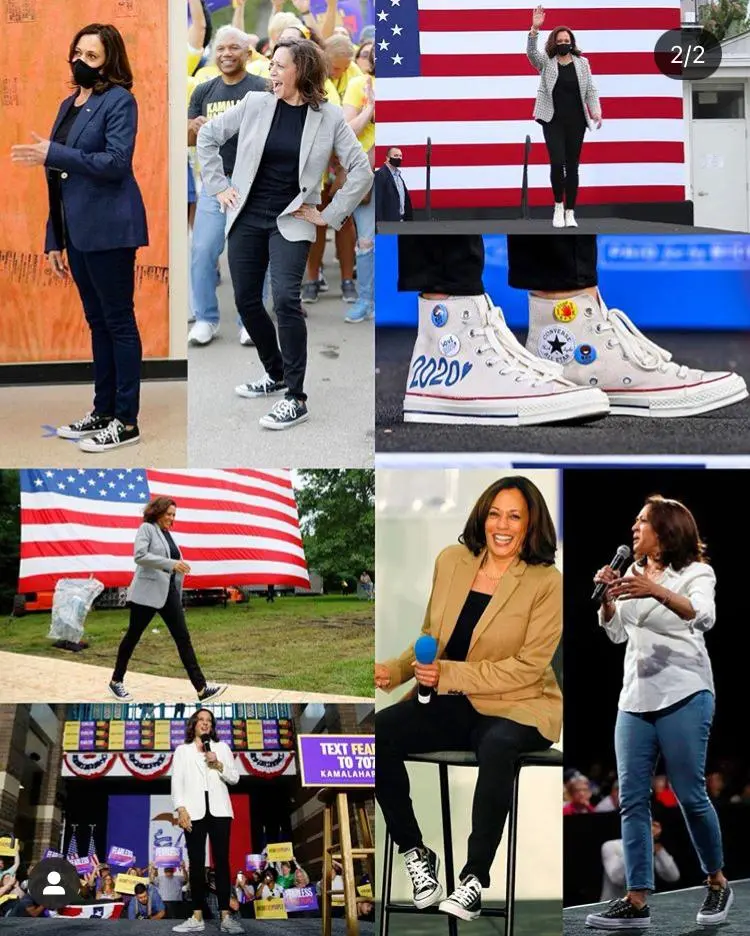 Imagem mostra looks de Kamala Harris com tênis