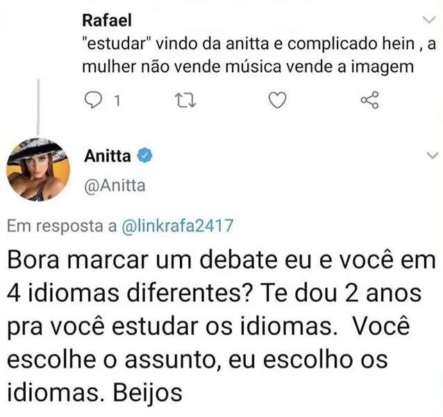 Imagem mostra resposta de Anitta no Twitter