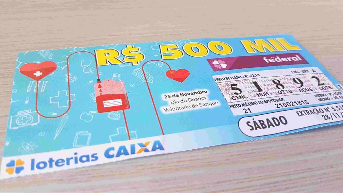 A imagem mostra um bilhete da loteria Federal