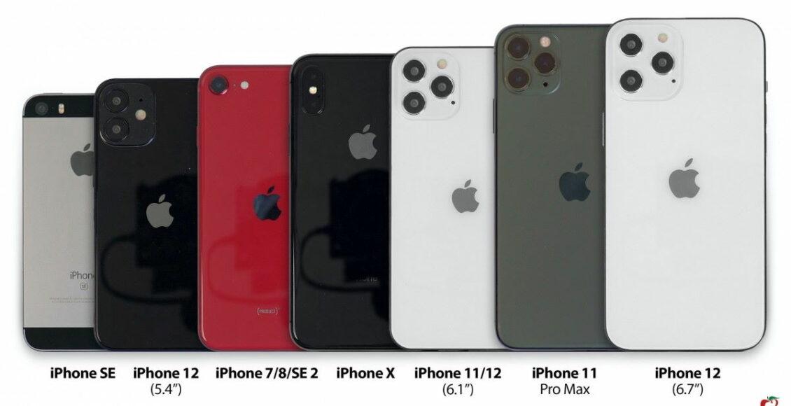 Iphone 12 ao lado dos modelos anteriores