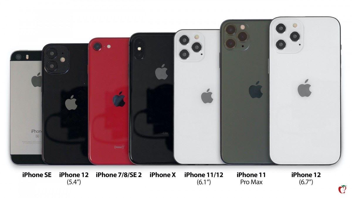 Iphone 12 ao lado dos modelos anteriores